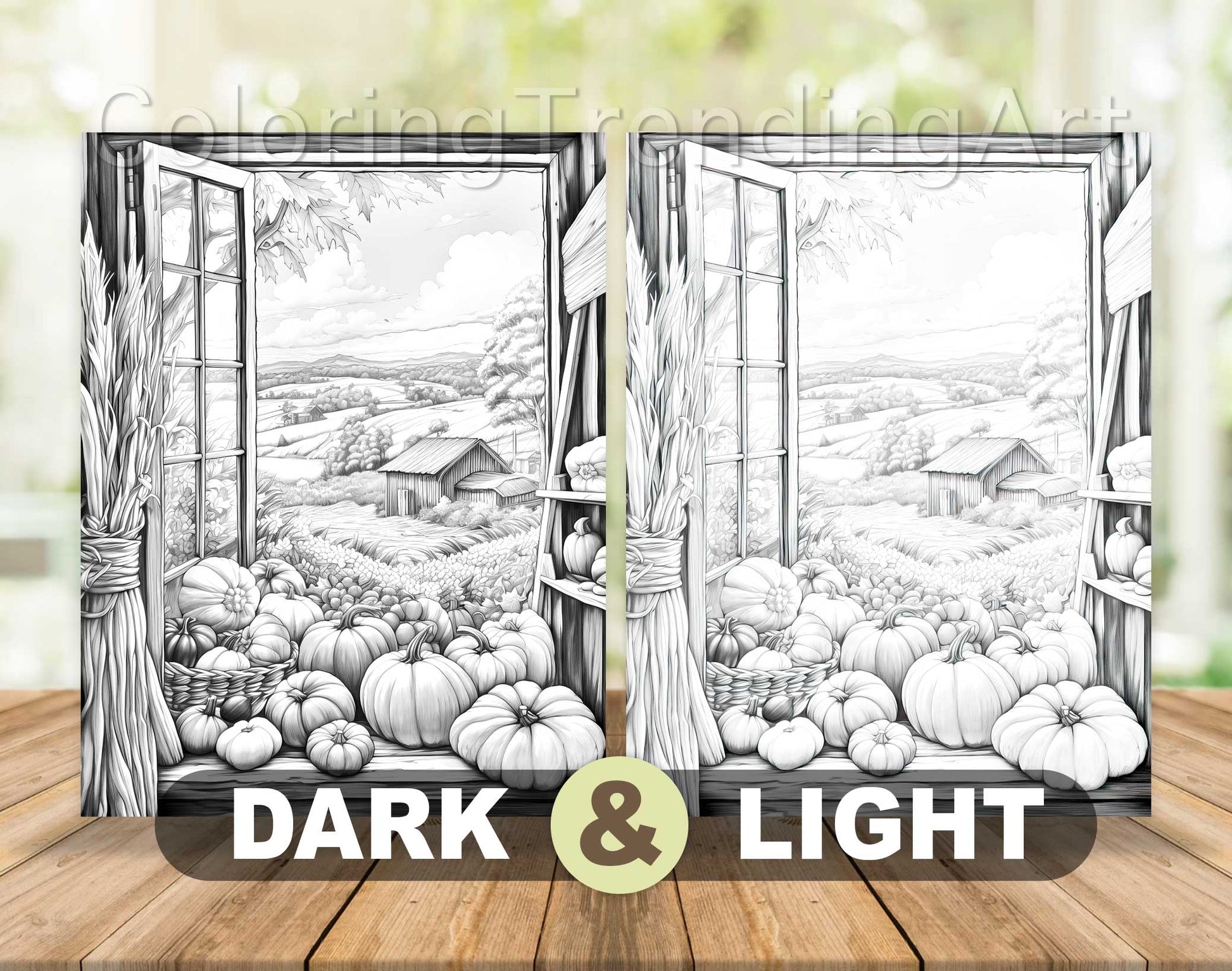 50 Autumn Farmland Grayscale Coloring Pages - Instant Download - Printable PDF Dark/Light – preview 12