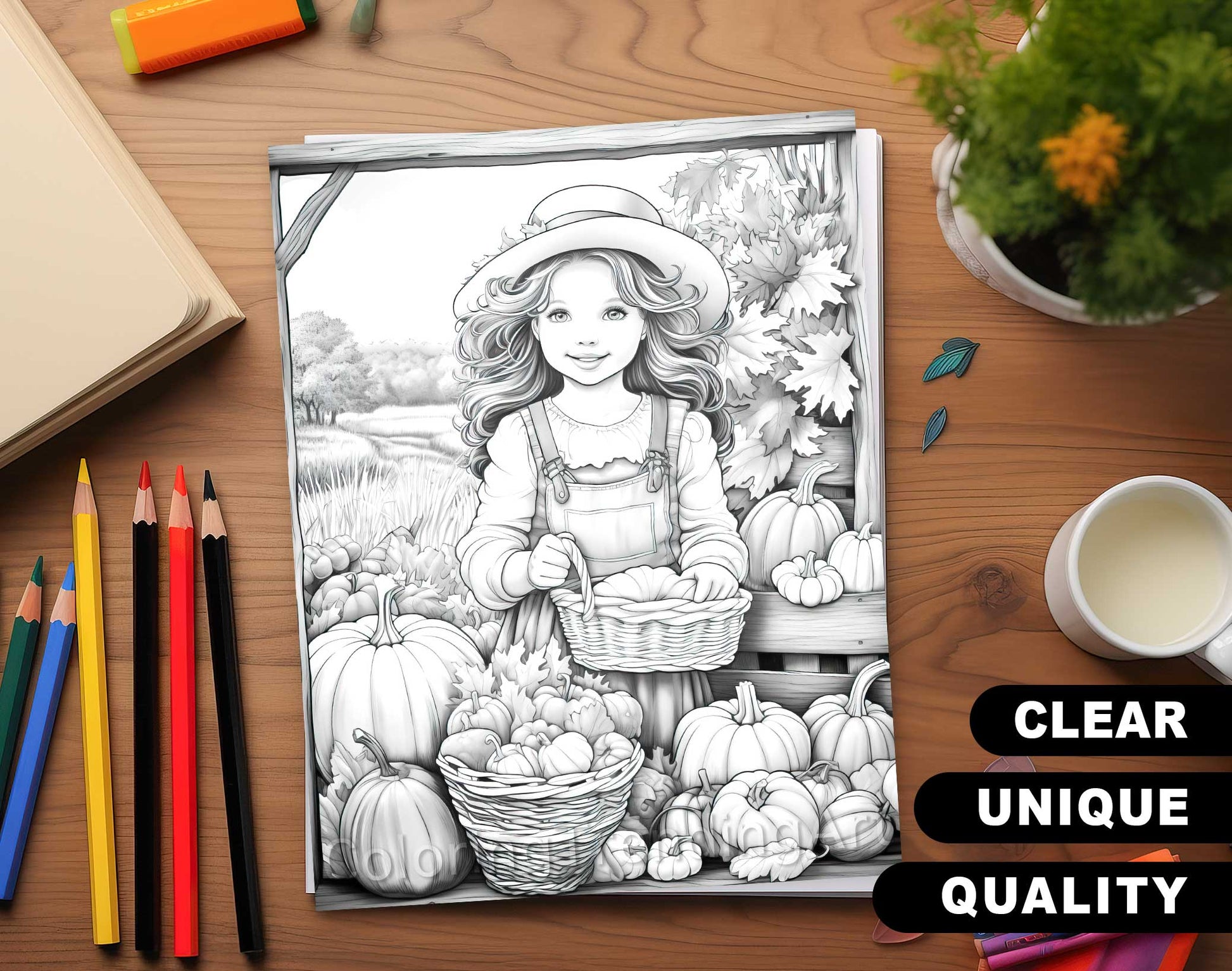 50 Autumn Farmland Grayscale Coloring Pages - Instant Download - Printable PDF Dark/Light – preview 3