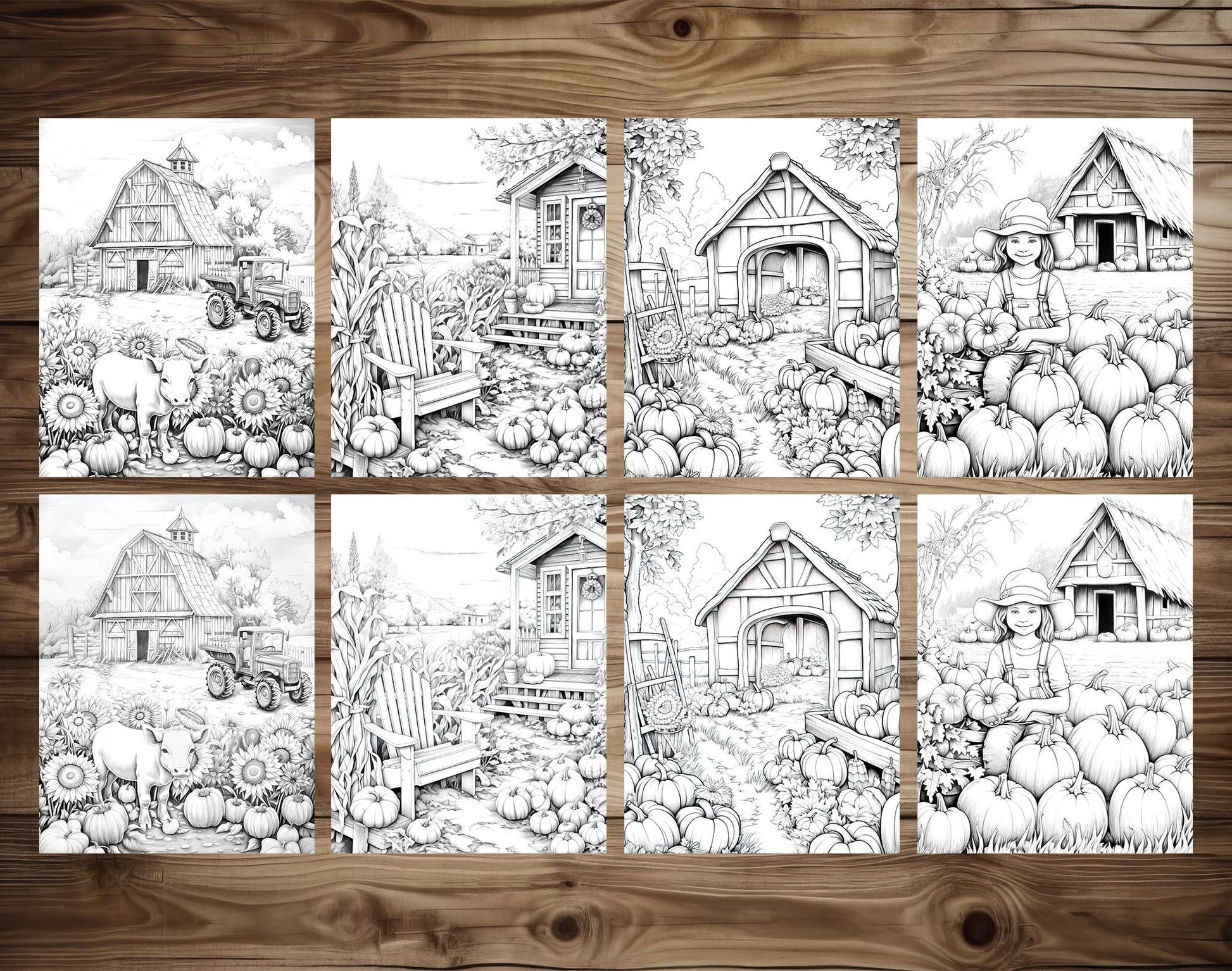 50 Autumn Farmland Grayscale Coloring Pages - Instant Download - Printable PDF Dark/Light – preview 4