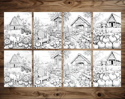 50 Autumn Farmland Grayscale Coloring Pages - Instant Download - Printable PDF Dark/Light – preview 4