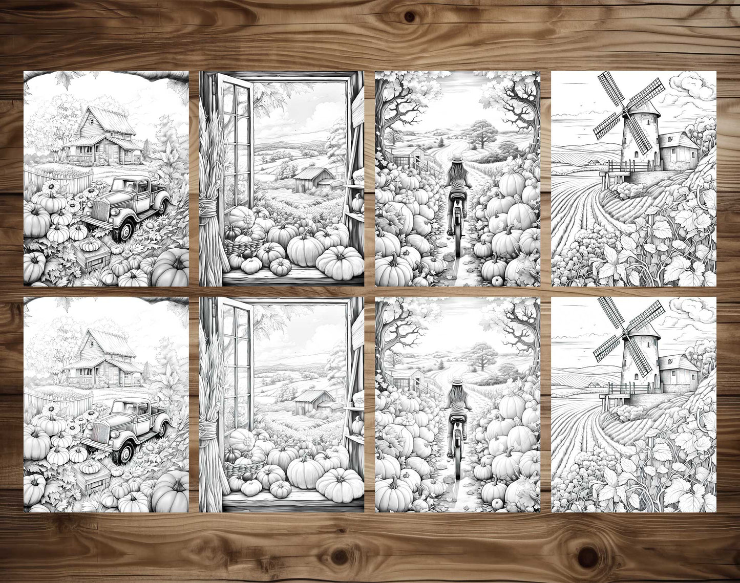 50 Autumn Farmland Grayscale Coloring Pages - Instant Download - Printable PDF Dark/Light – preview 5
