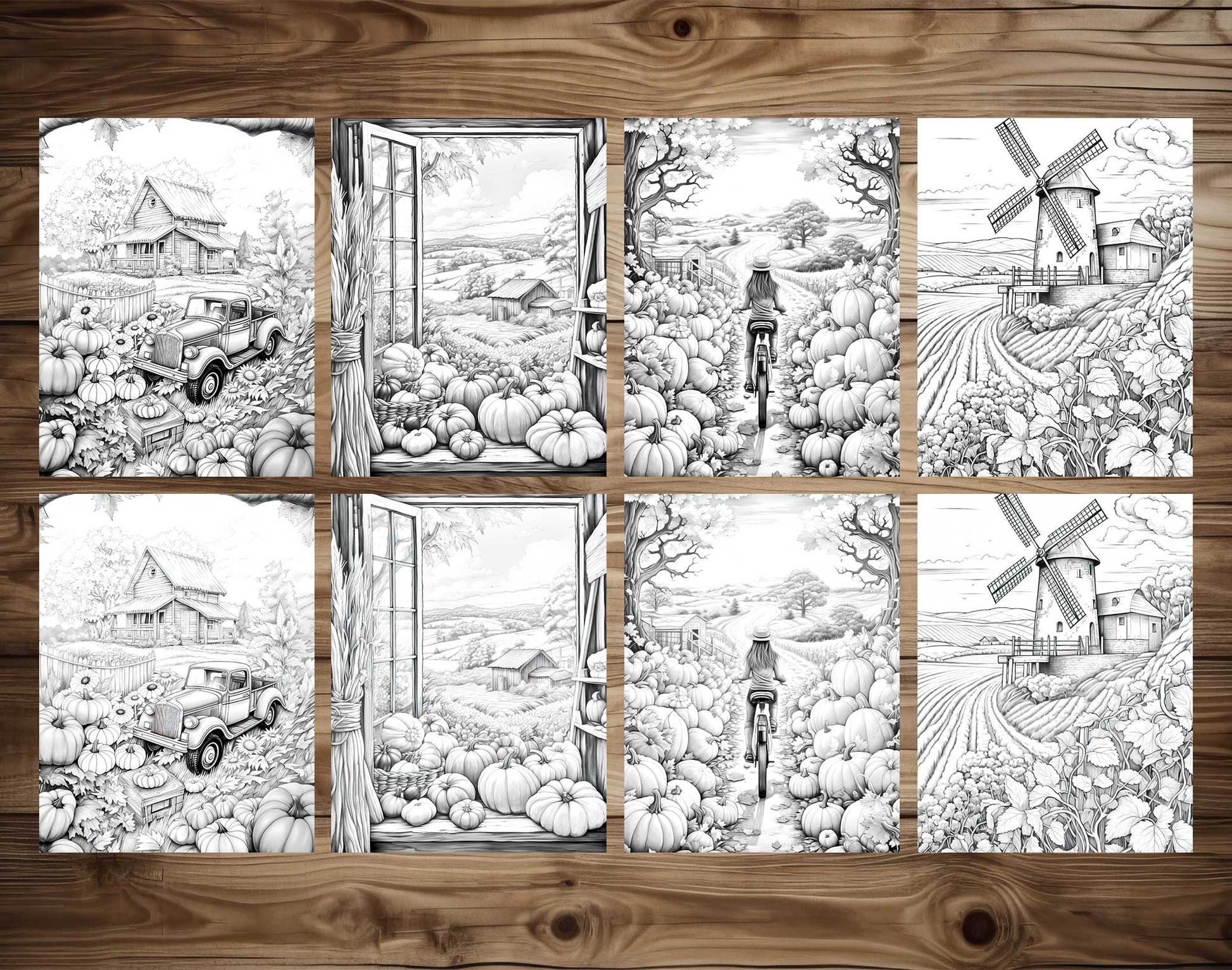 50 Autumn Farmland Grayscale Coloring Pages - Instant Download - Printable PDF Dark/Light – preview 5