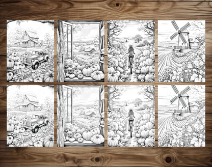 50 Autumn Farmland Grayscale Coloring Pages - Instant Download - Printable PDF Dark/Light – preview 5