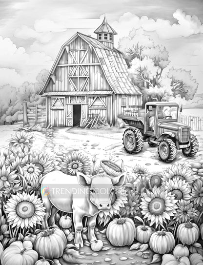 50 Autumn Farmland Grayscale Coloring Pages - Instant Download - Printable PDF Dark/Light – preview 7