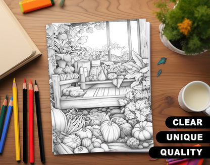 50 Autumn Garden Grayscale Coloring Pages - Instant Download - Printable PDF Dark/Light – preview 3