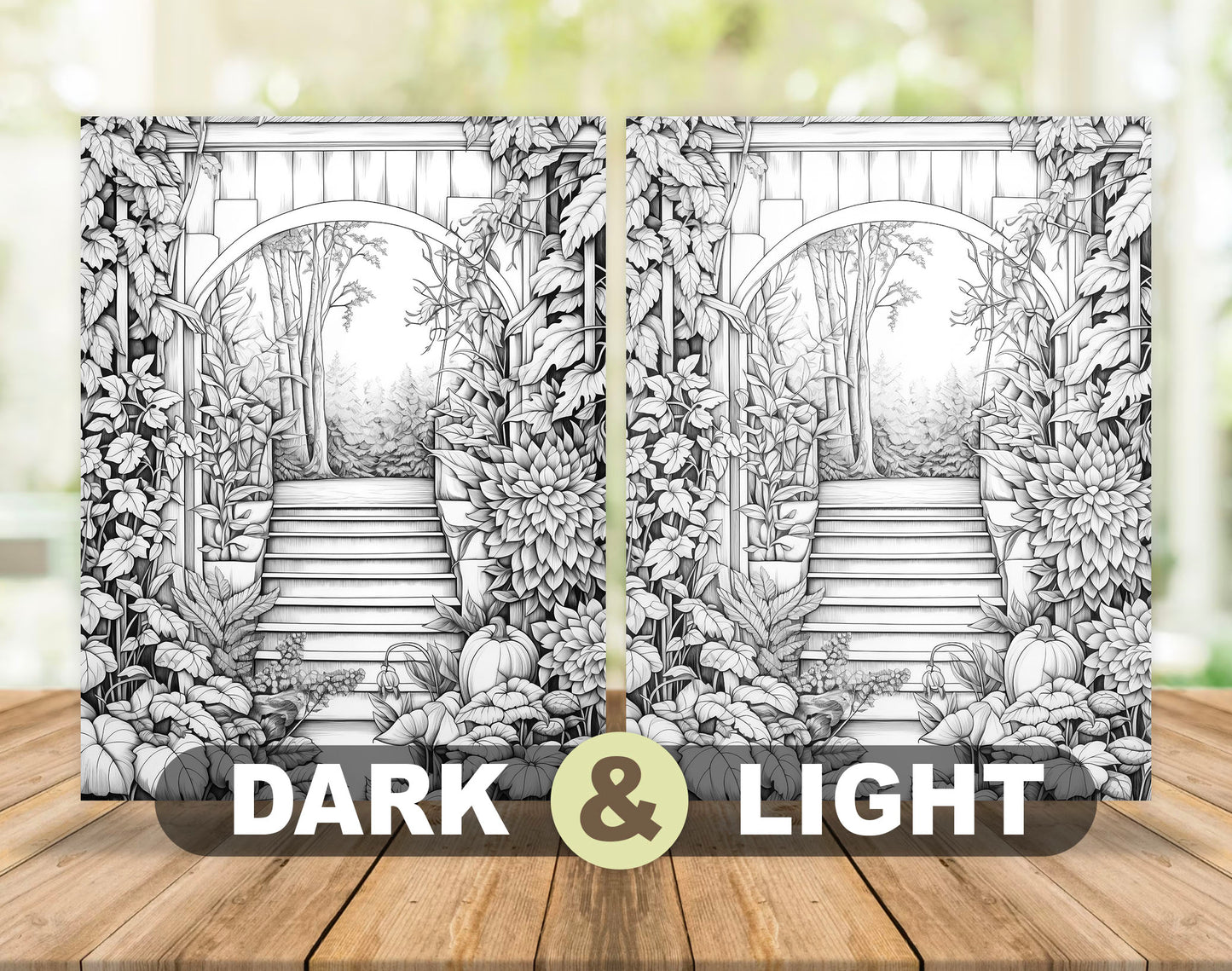 50 Autumn Garden Grayscale Coloring Pages - Instant Download - Printable PDF Dark/Light – preview 4
