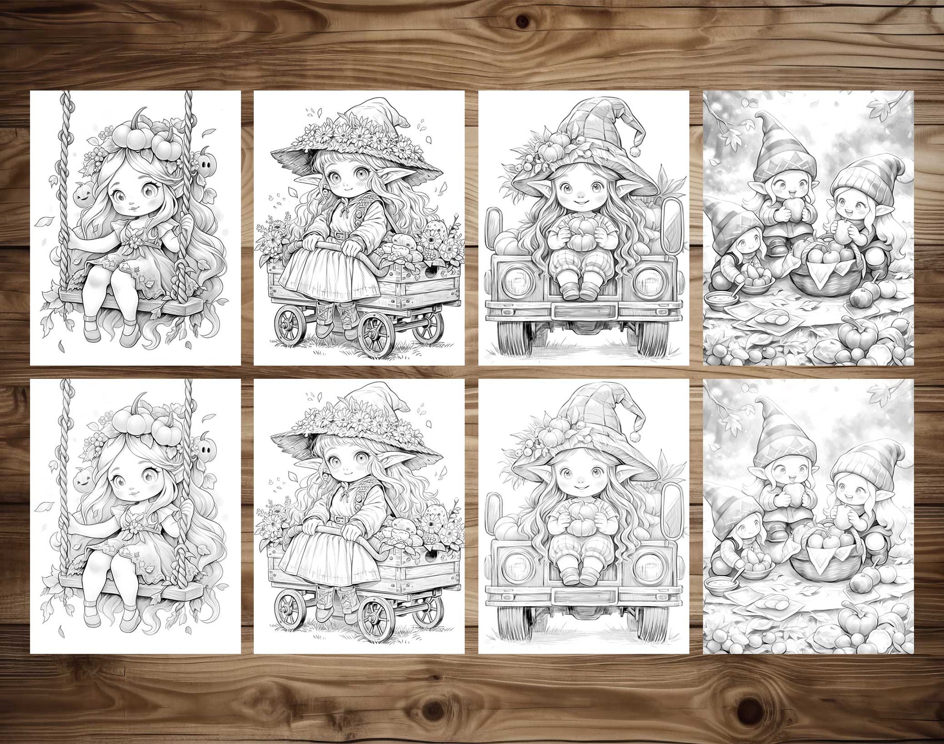 50 Autumn Gnome Girl Grayscale Coloring Pages - Instant Download - Printable PDF Dark/Light – preview 3