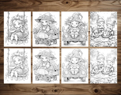 50 Autumn Gnome Girl Grayscale Coloring Pages - Instant Download - Printable PDF Dark/Light – preview 3