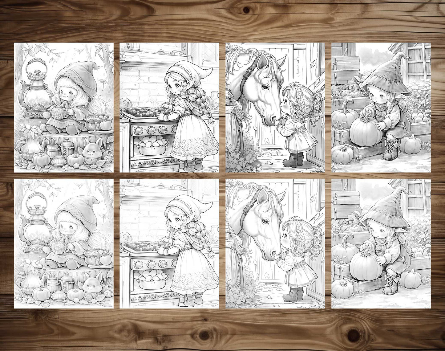 50 Autumn Gnome Girl Grayscale Coloring Pages - Instant Download - Printable PDF Dark/Light – preview 4