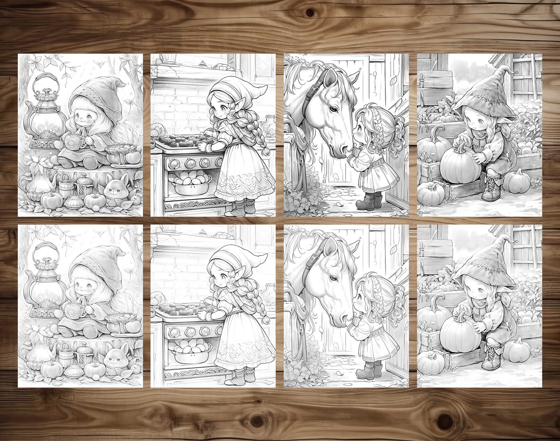 50 Autumn Gnome Girl Grayscale Coloring Pages - Instant Download - Printable PDF Dark/Light – preview 4
