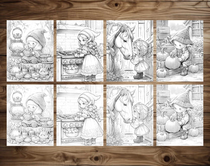 50 Autumn Gnome Girl Grayscale Coloring Pages - Instant Download - Printable PDF Dark/Light – preview 4