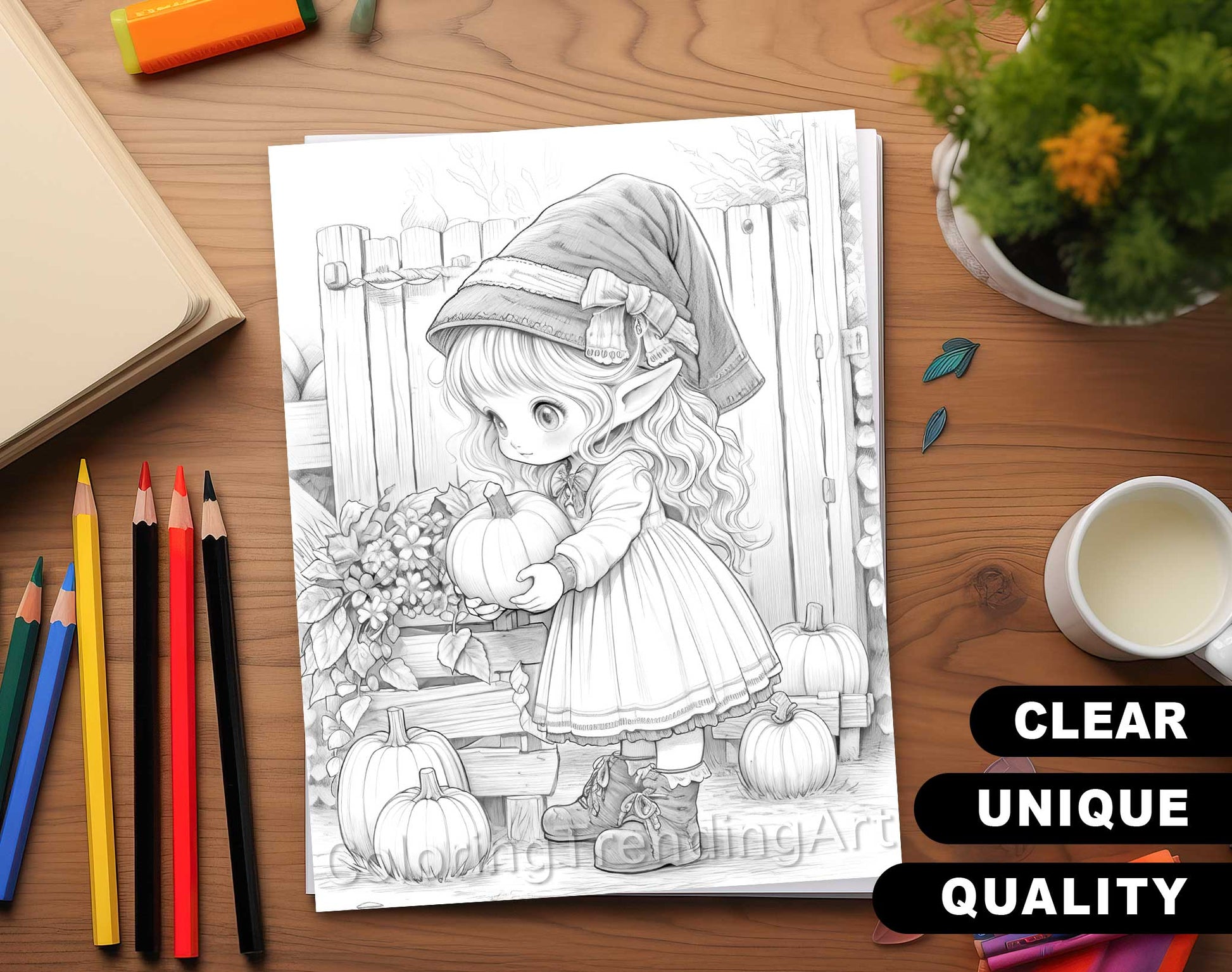 50 Autumn Gnome Girl Grayscale Coloring Pages - Instant Download - Printable PDF Dark/Light – preview 5