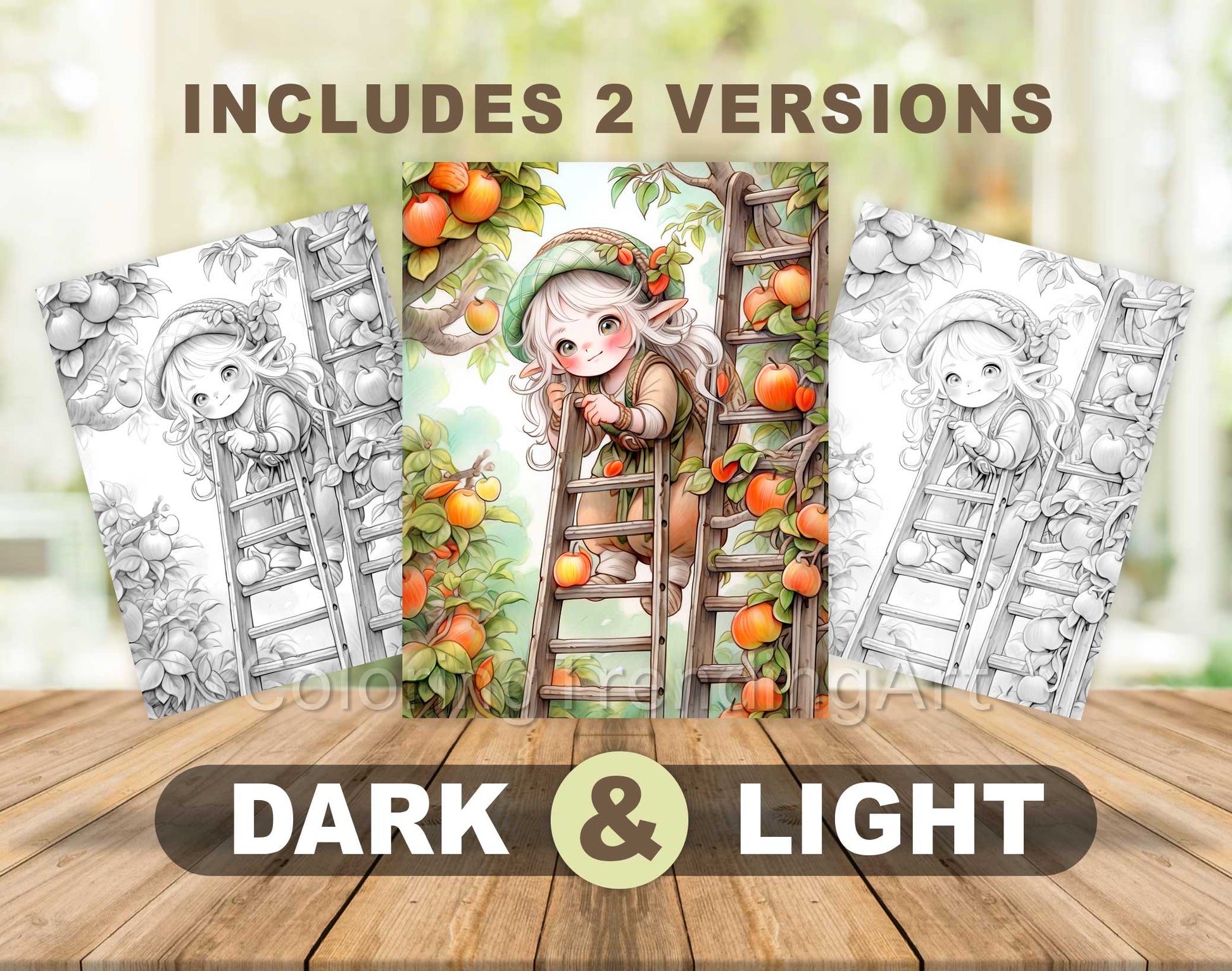 50 Autumn Gnome Girl Grayscale Coloring Pages - Instant Download - Printable PDF Dark/Light – preview 6