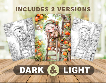 50 Autumn Gnome Girl Grayscale Coloring Pages - Instant Download - Printable PDF Dark/Light – preview 6