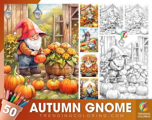 50 Herbstgnome Graustufen Malvorlagen - Sofortiger Download - Druckbare PDF Dunkel/Hell