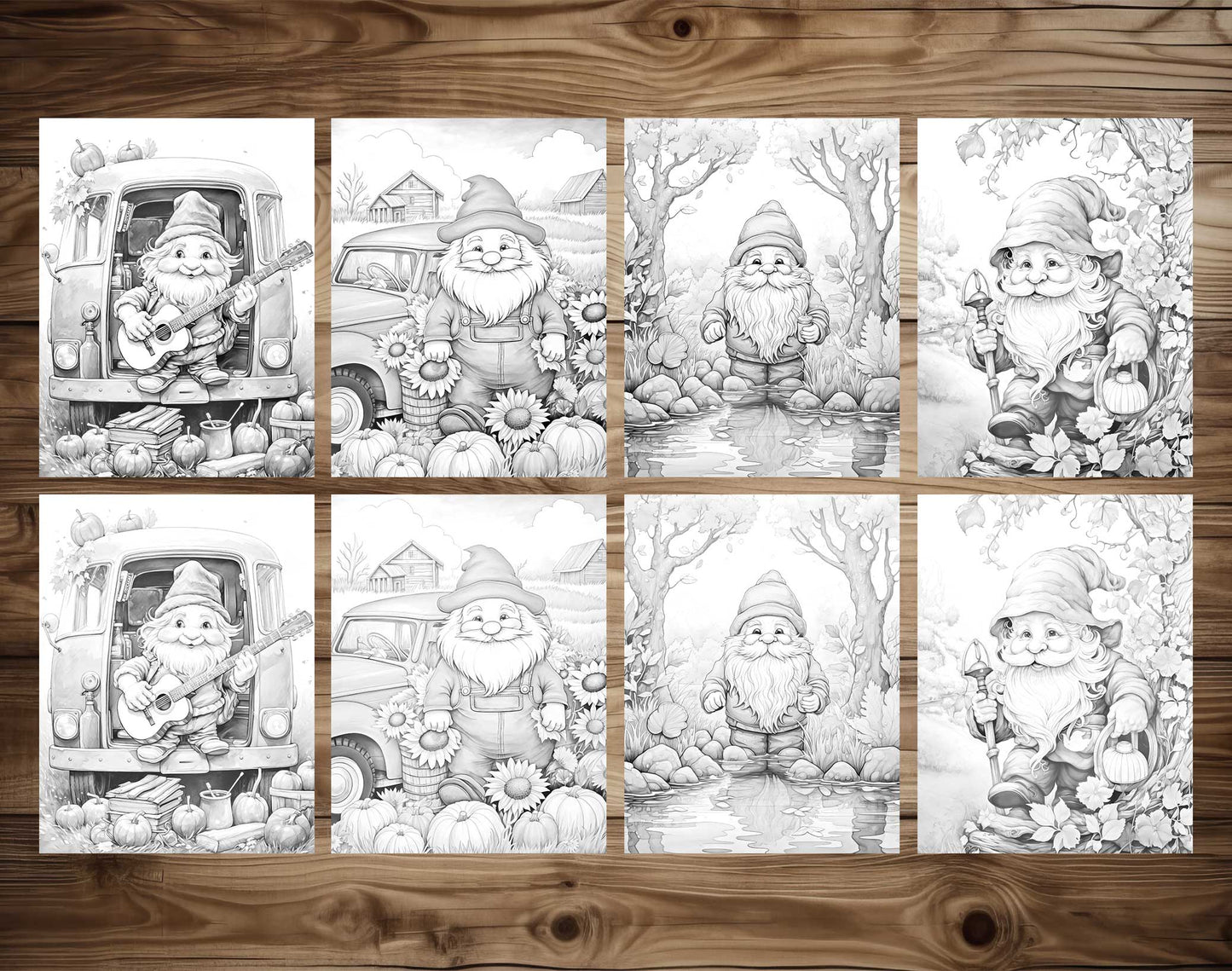 50 Autumn Gnome Grayscale Coloring Pages - Instant Download - Printable PDF Dark/Light – preview 3