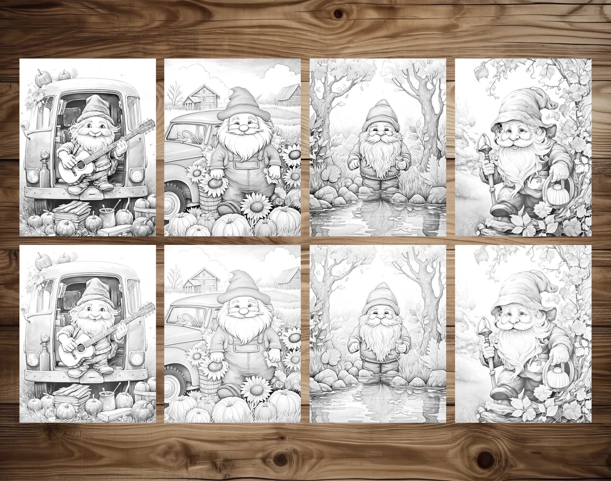 50 Autumn Gnome Grayscale Coloring Pages - Instant Download - Printable PDF Dark/Light – preview 3