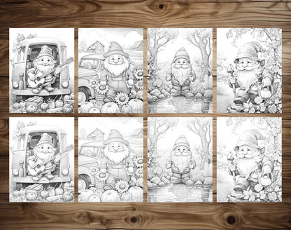 50 Autumn Gnome Grayscale Coloring Pages - Instant Download - Printable PDF Dark/Light – preview 3