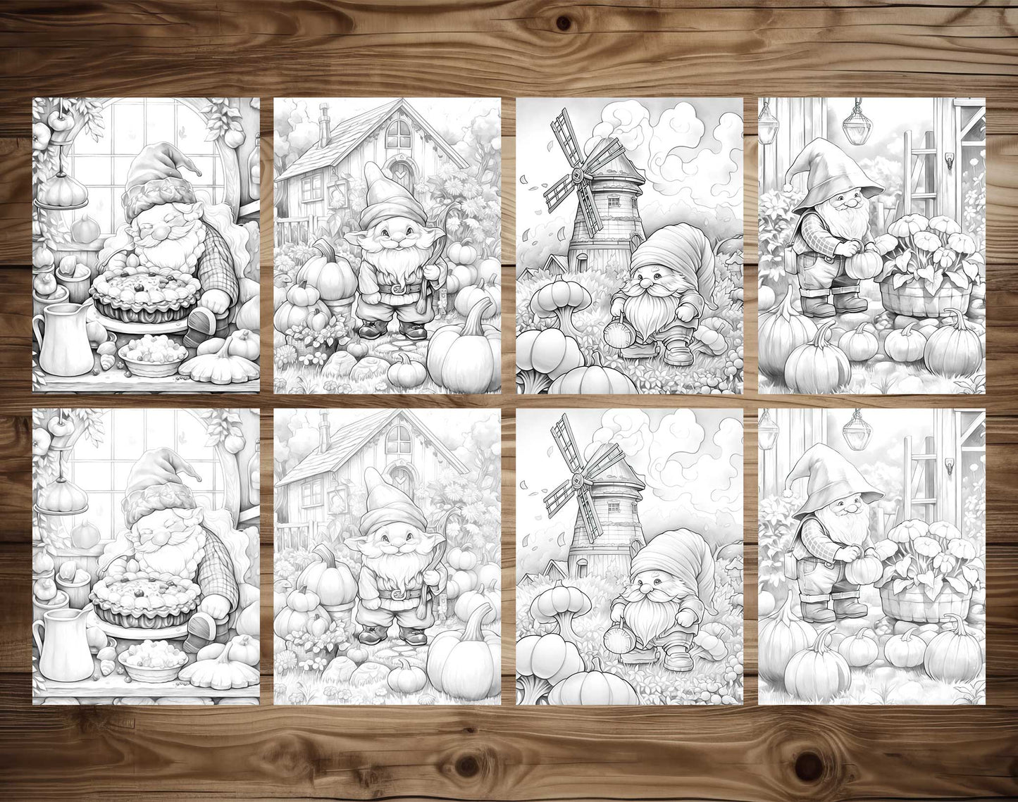 50 Autumn Gnome Grayscale Coloring Pages - Instant Download - Printable PDF Dark/Light – preview 4
