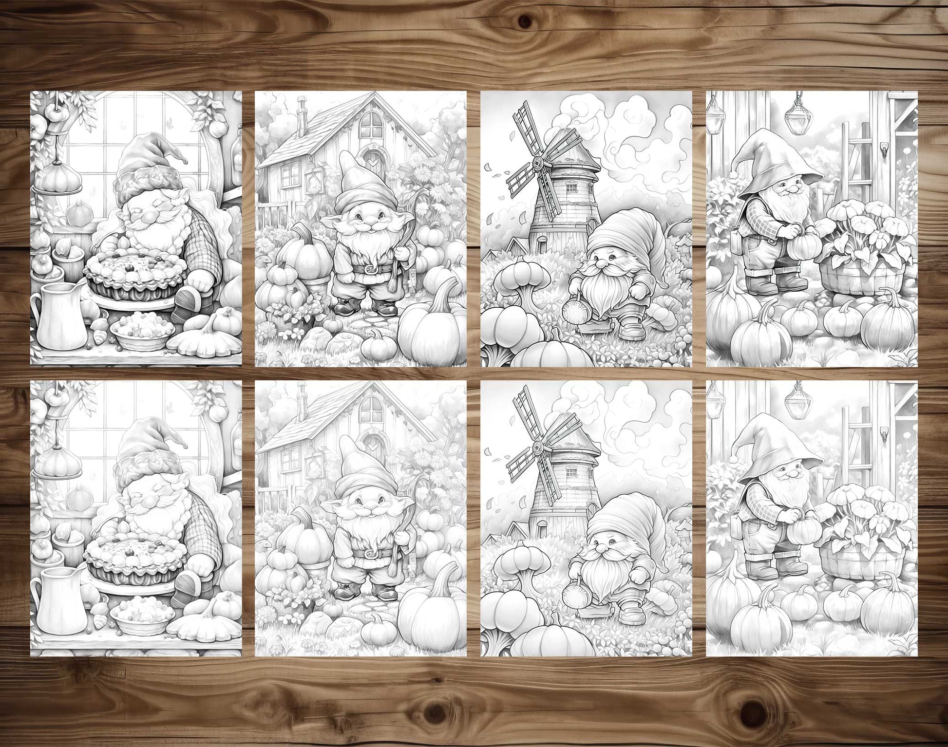 50 Autumn Gnome Grayscale Coloring Pages - Instant Download - Printable PDF Dark/Light – preview 4