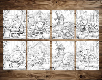50 Autumn Gnome Grayscale Coloring Pages - Instant Download - Printable PDF Dark/Light – preview 4