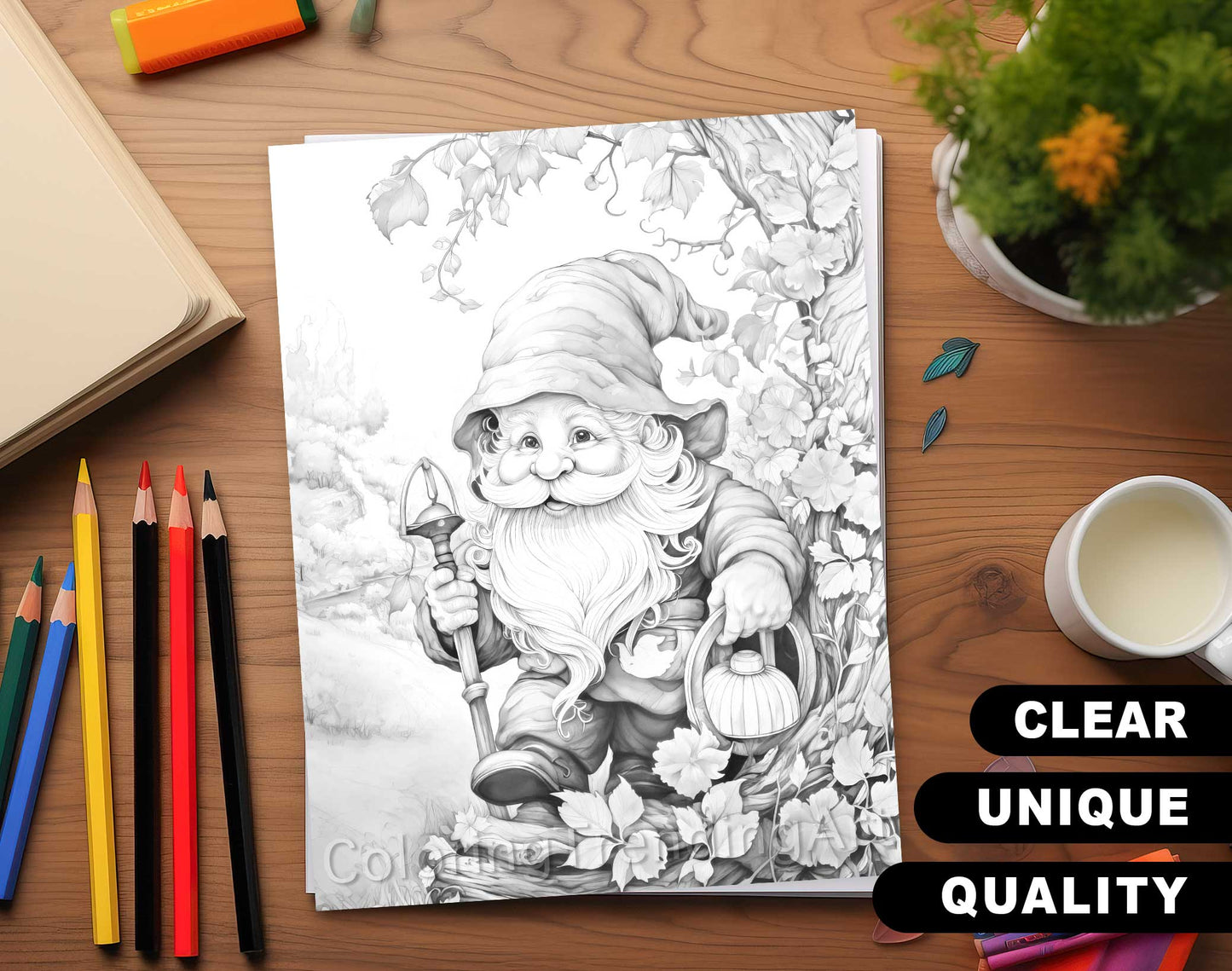 50 Autumn Gnome Grayscale Coloring Pages - Instant Download - Printable PDF Dark/Light – preview 5