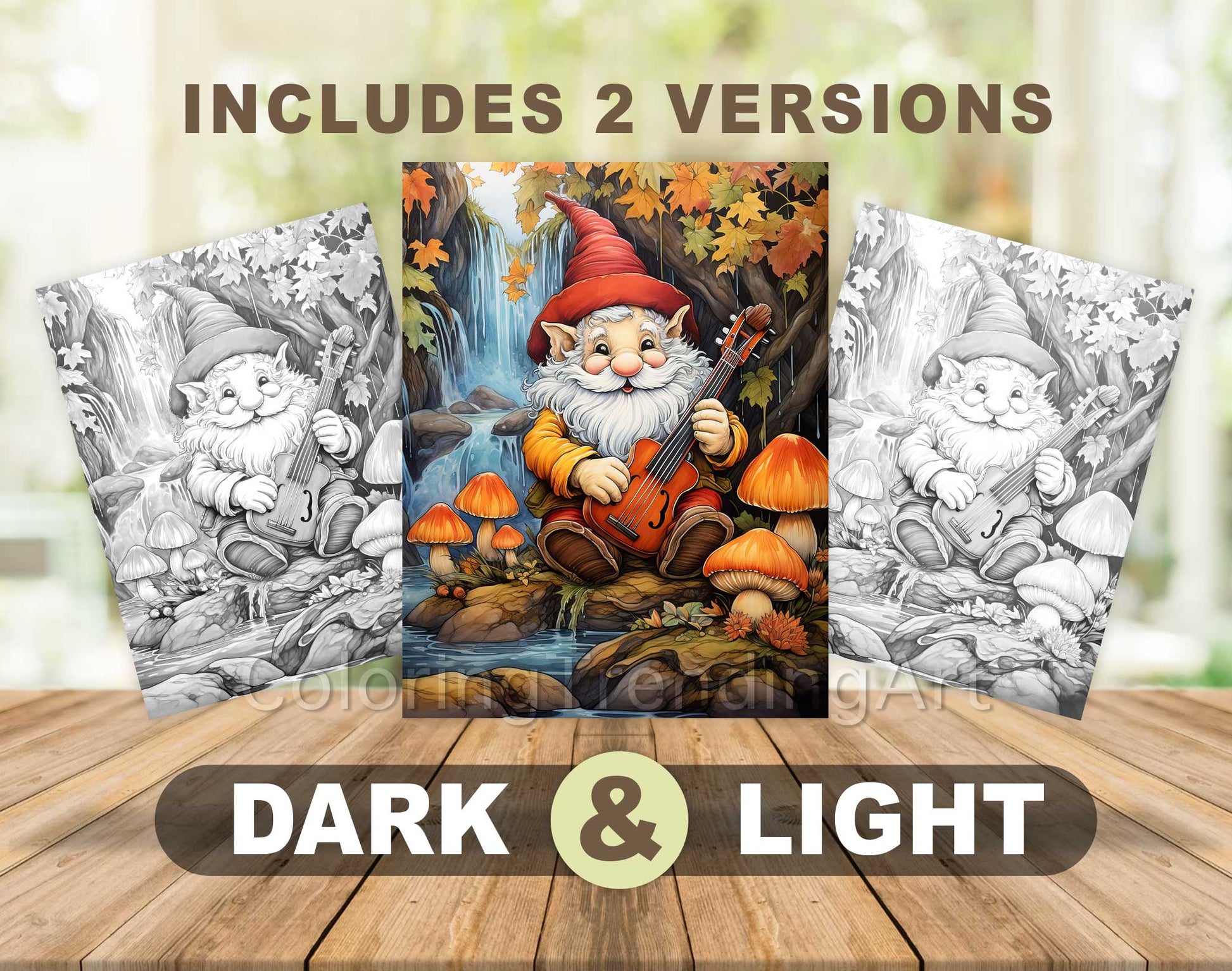 50 Autumn Gnome Grayscale Coloring Pages - Instant Download - Printable PDF Dark/Light – preview 6