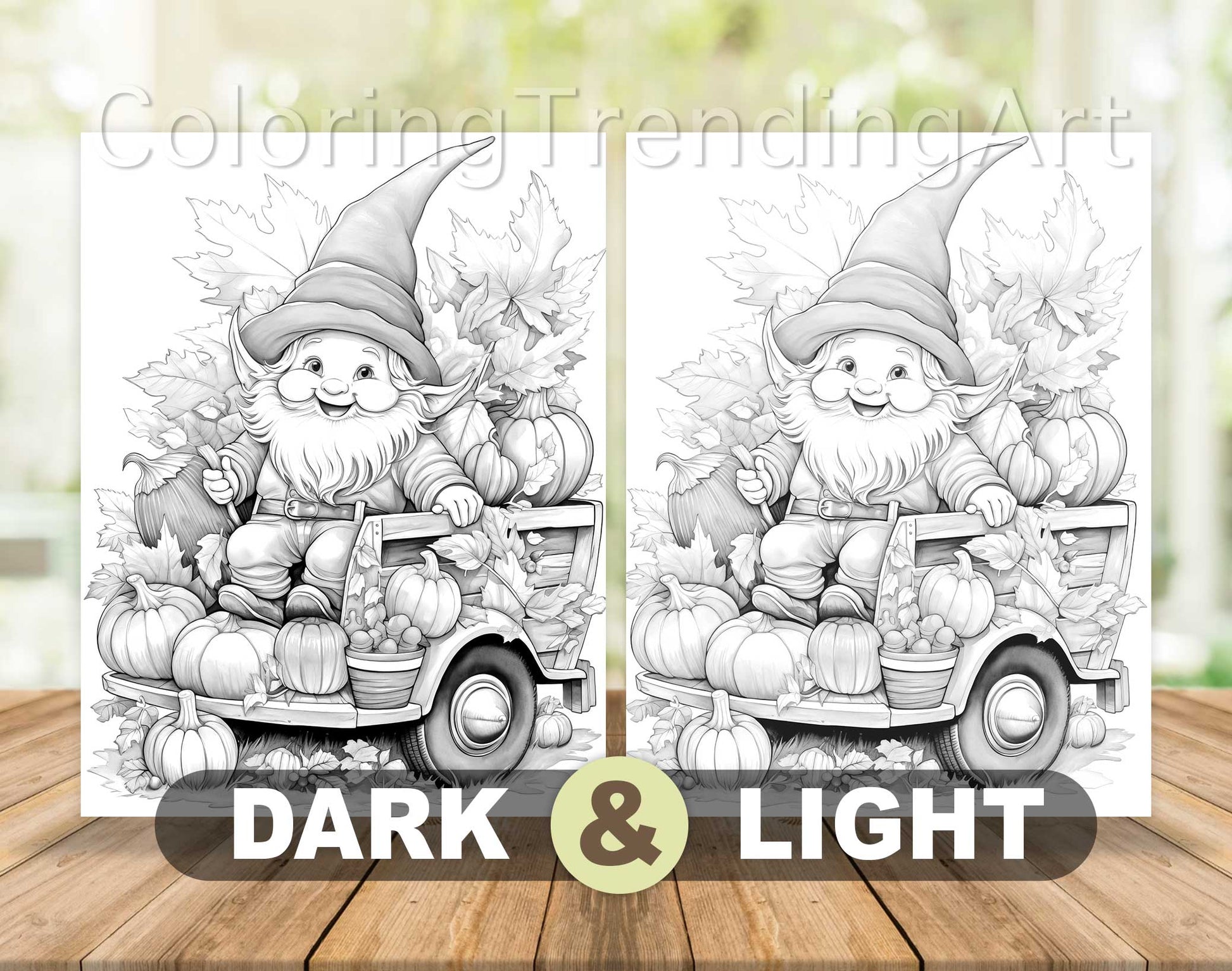 50 Autumn Gnome Grayscale Coloring Pages - Instant Download - Printable PDF Dark/Light – preview 7