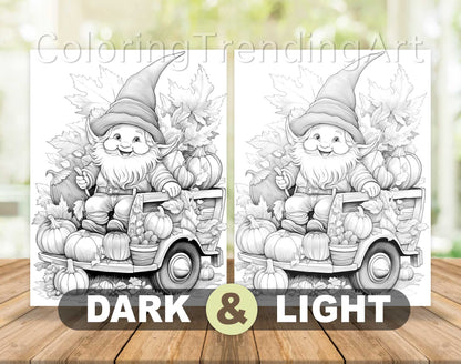 50 Autumn Gnome Grayscale Coloring Pages - Instant Download - Printable PDF Dark/Light – preview 7