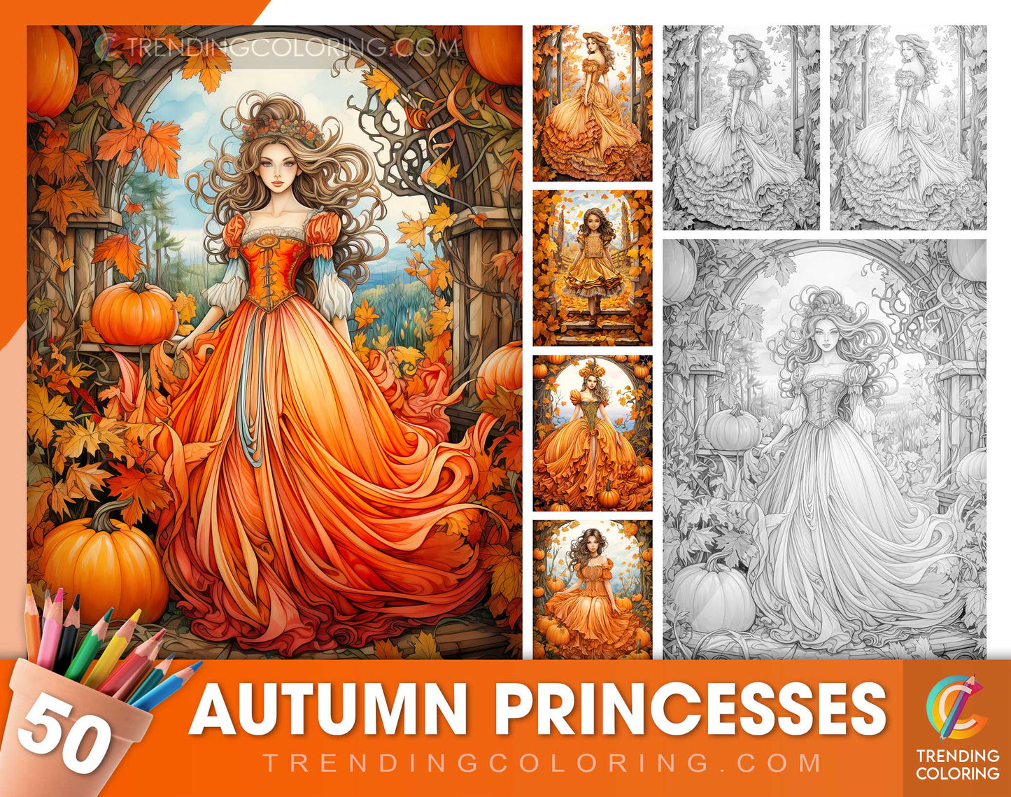 50 Autumn Princesses Grayscale Coloring Pages - Instant Download - Printable PDF Dark/Light