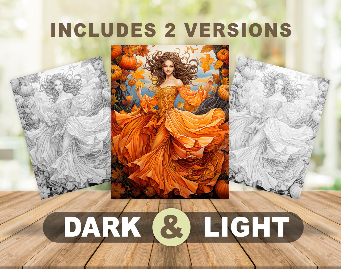 50 Autumn Princesses Grayscale Coloring Pages - Instant Download - Printable PDF Dark/Light – preview 4