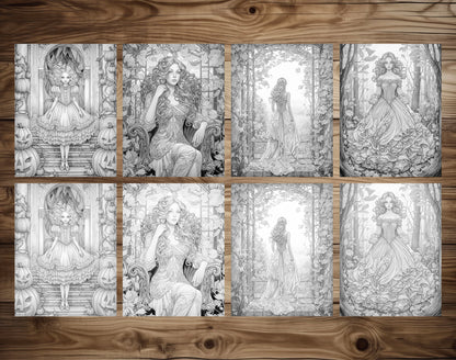 50 Autumn Princesses Grayscale Coloring Pages - Instant Download - Printable PDF Dark/Light – preview 5