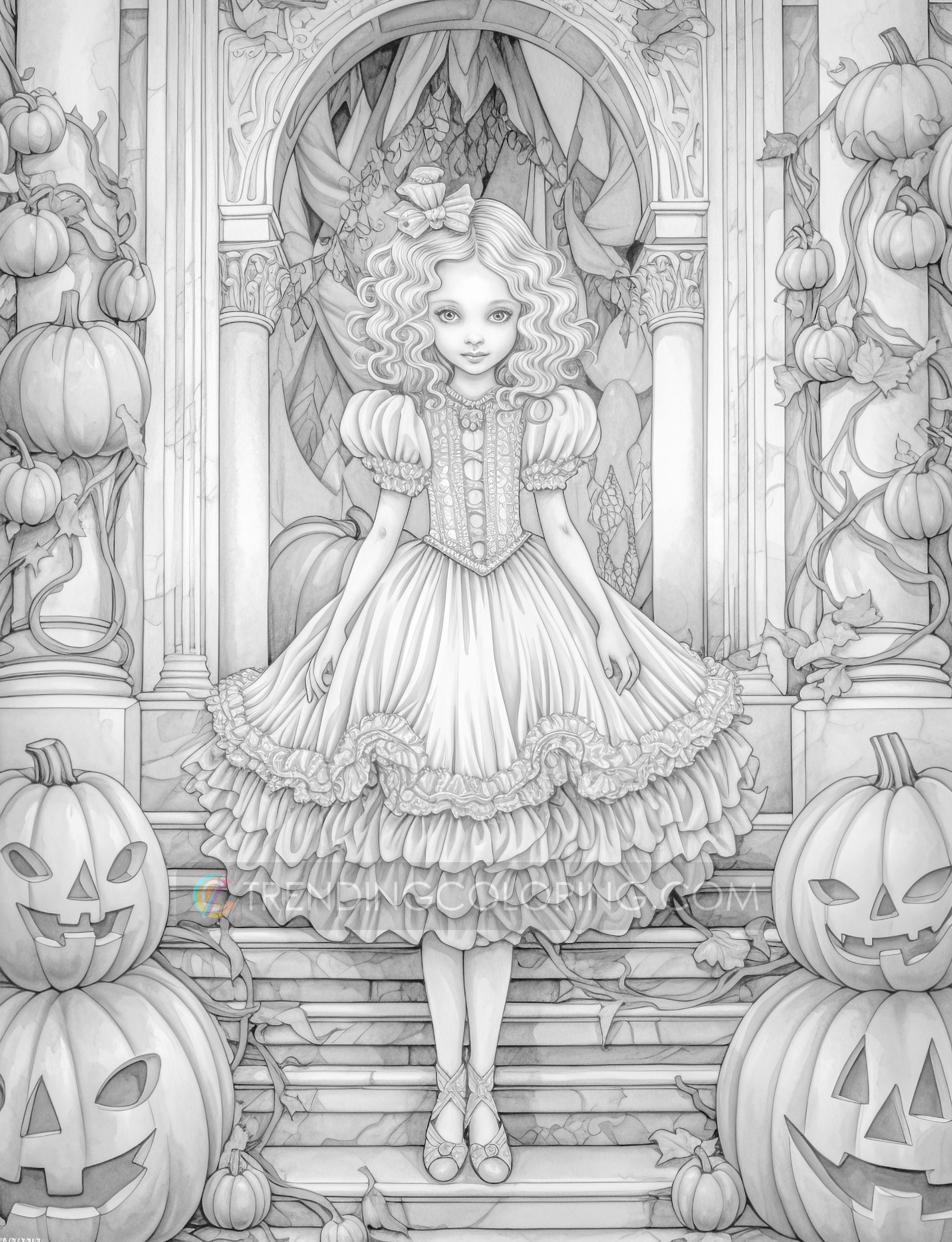 50 Autumn Princesses Grayscale Coloring Pages - Instant Download - Printable PDF Dark/Light – preview 7