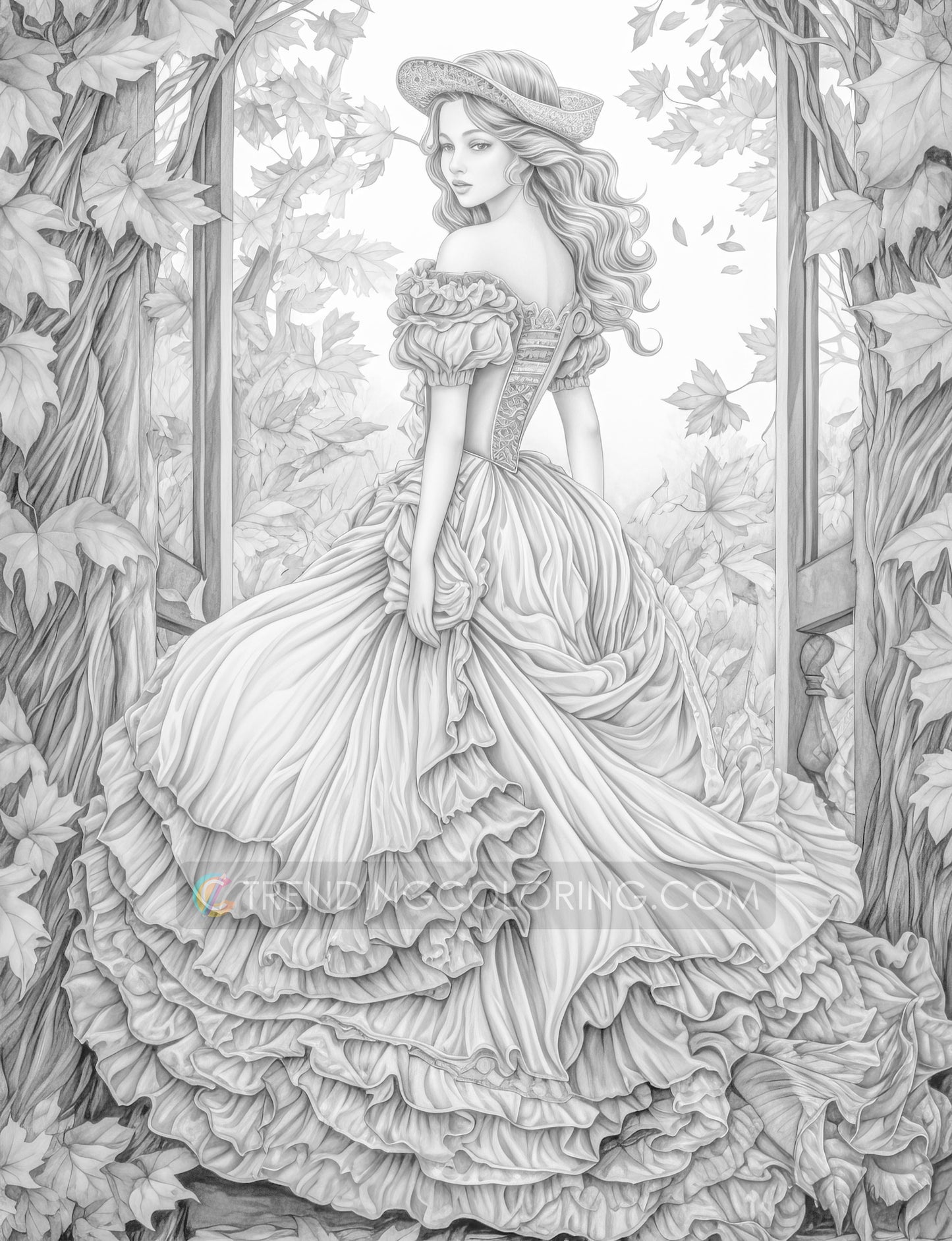 50 Autumn Princesses Grayscale Coloring Pages - Instant Download - Printable PDF Dark/Light – preview 8