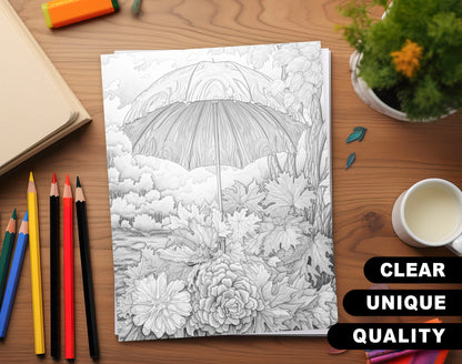 50 Autumn Umbrella Grayscale Coloring Pages - Instant Download - Printable PDF Dark/Light – preview 3