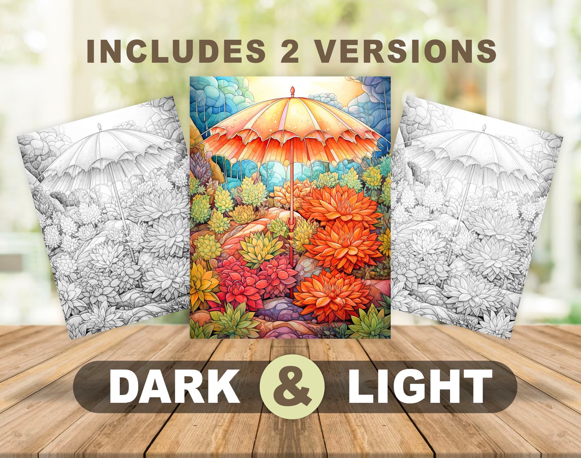 50 Autumn Umbrella Grayscale Coloring Pages - Instant Download - Printable PDF Dark/Light – preview 4