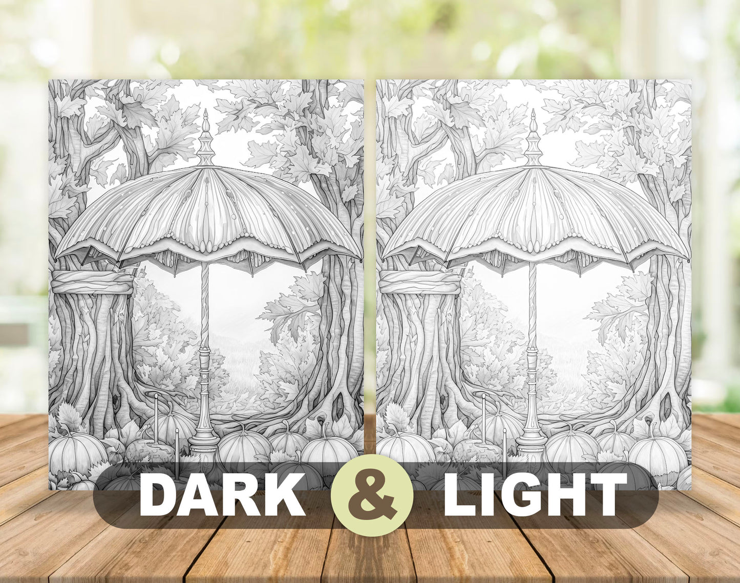 50 Autumn Umbrella Grayscale Coloring Pages - Instant Download - Printable PDF Dark/Light – preview 5