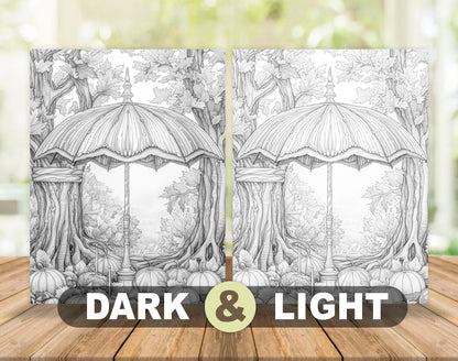 50 Autumn Umbrella Grayscale Coloring Pages - Instant Download - Printable PDF Dark/Light – preview 5
