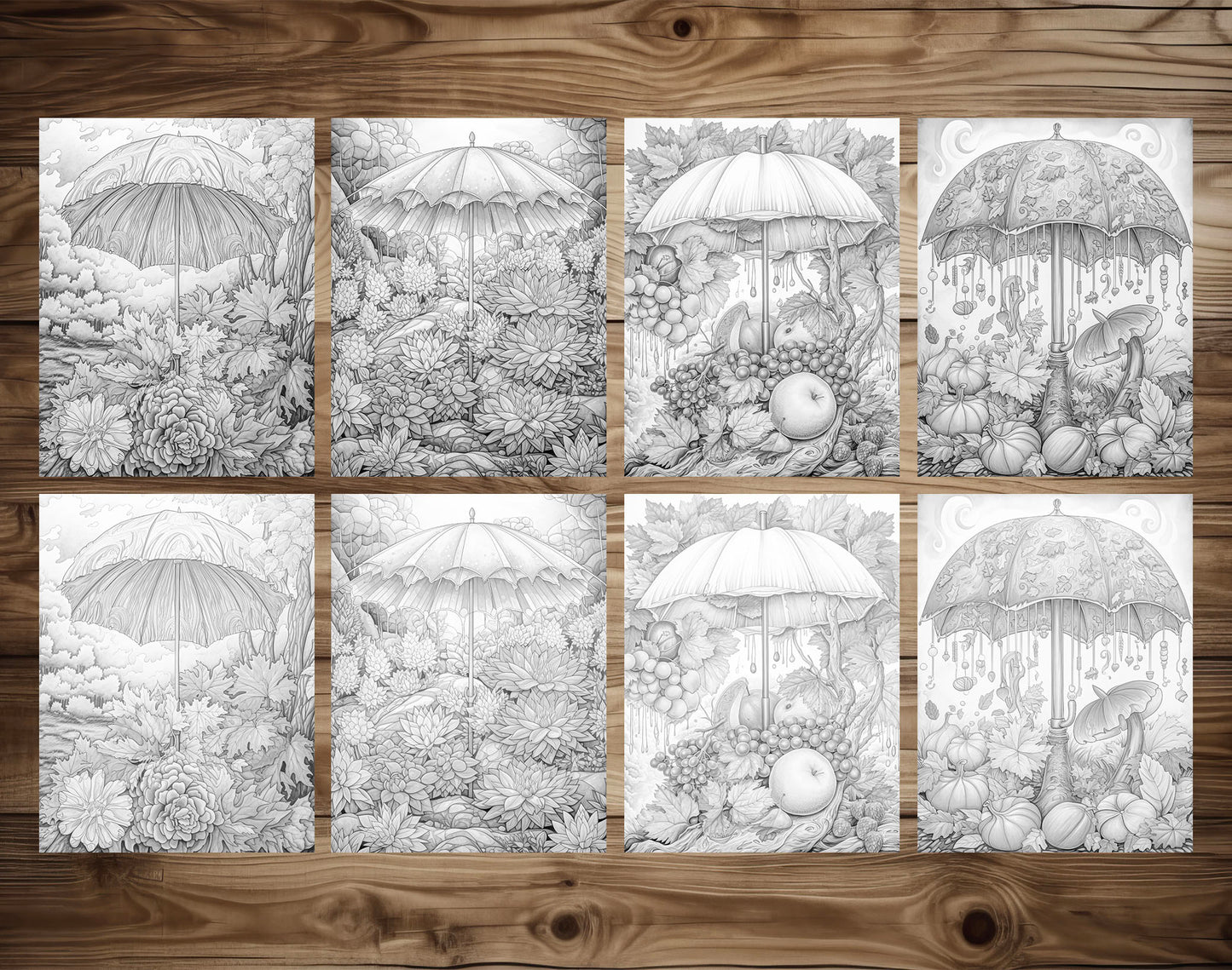 50 Autumn Umbrella Grayscale Coloring Pages - Instant Download - Printable PDF Dark/Light – preview 6