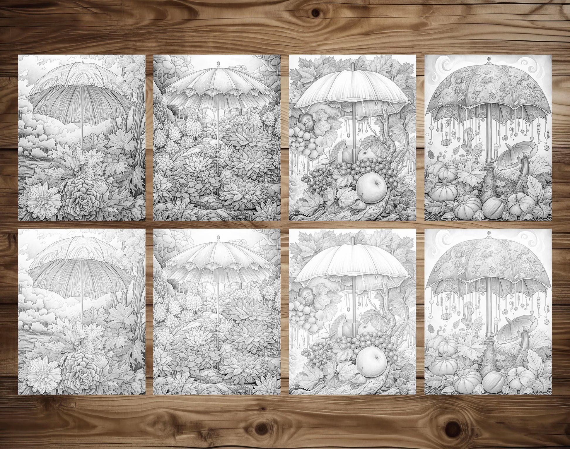50 Autumn Umbrella Grayscale Coloring Pages - Instant Download - Printable PDF Dark/Light – preview 6
