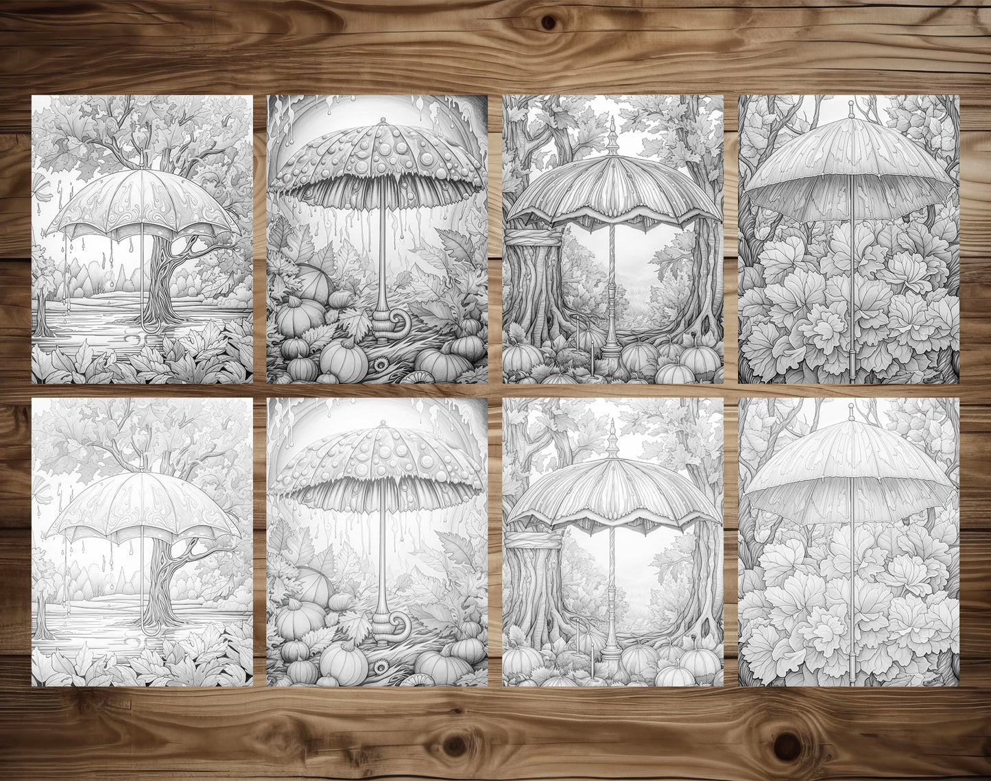 50 Autumn Umbrella Grayscale Coloring Pages - Instant Download - Printable PDF Dark/Light – preview 7