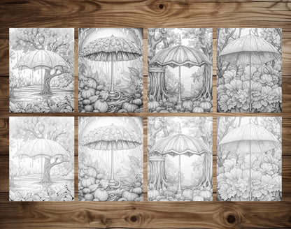 50 Autumn Umbrella Grayscale Coloring Pages - Instant Download - Printable PDF Dark/Light – preview 7