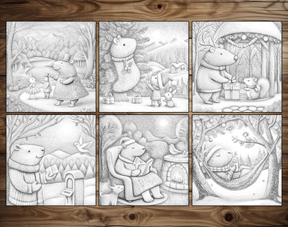 50 Capybara’s Merry Moments Grayscale Coloring Pages – preview 5