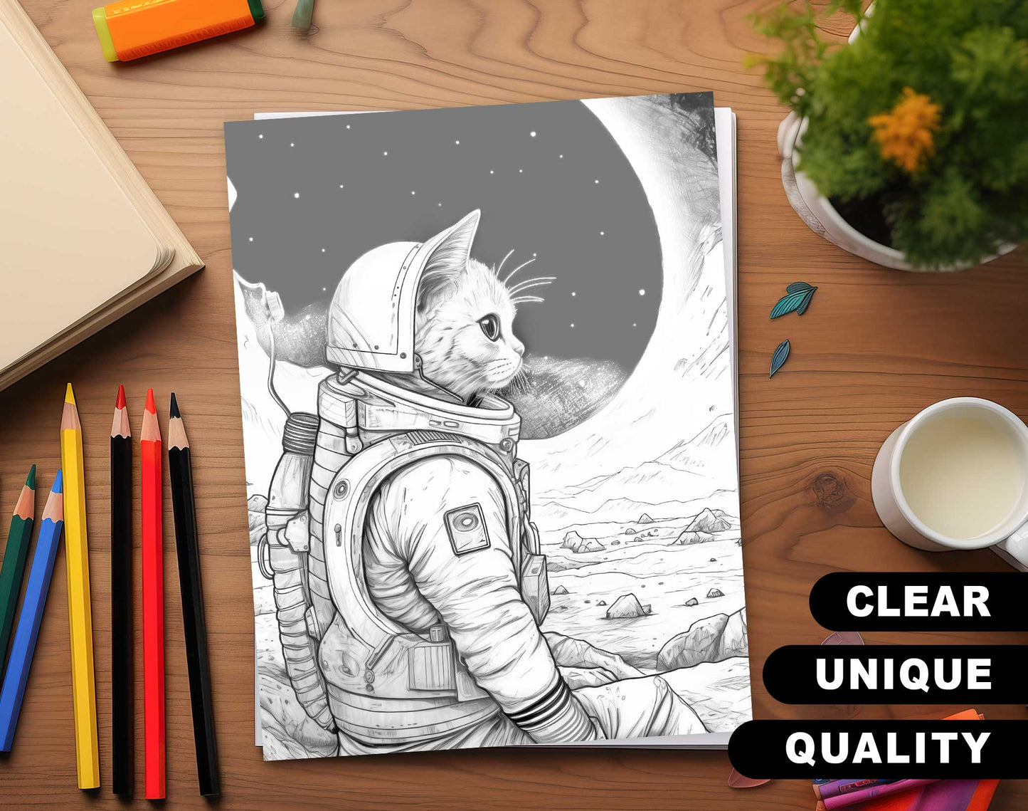 50 Cat In Space Grayscale Coloring Pages - Instant Download - Printable PDF Dark/Light – preview 3