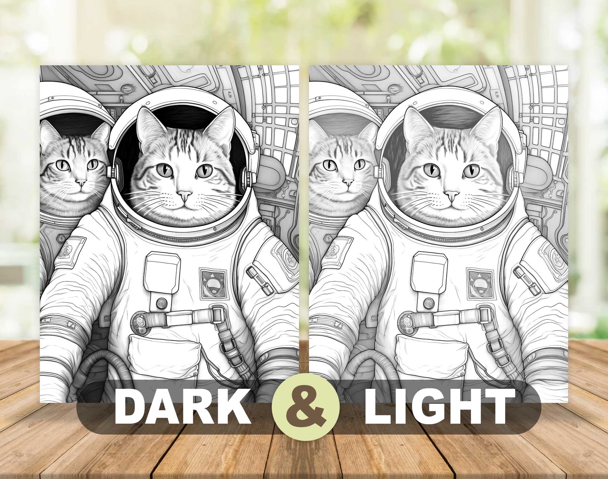 50 Cat In Space Grayscale Coloring Pages - Instant Download - Printable PDF Dark/Light – preview 4