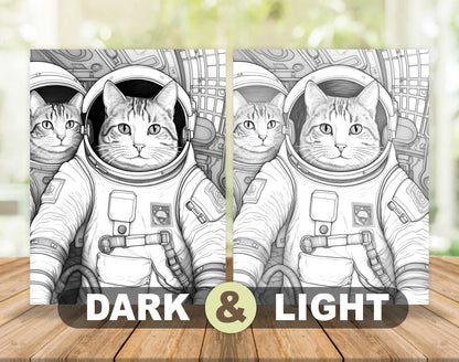 50 Cat In Space Grayscale Coloring Pages - Instant Download - Printable PDF Dark/Light – preview 4