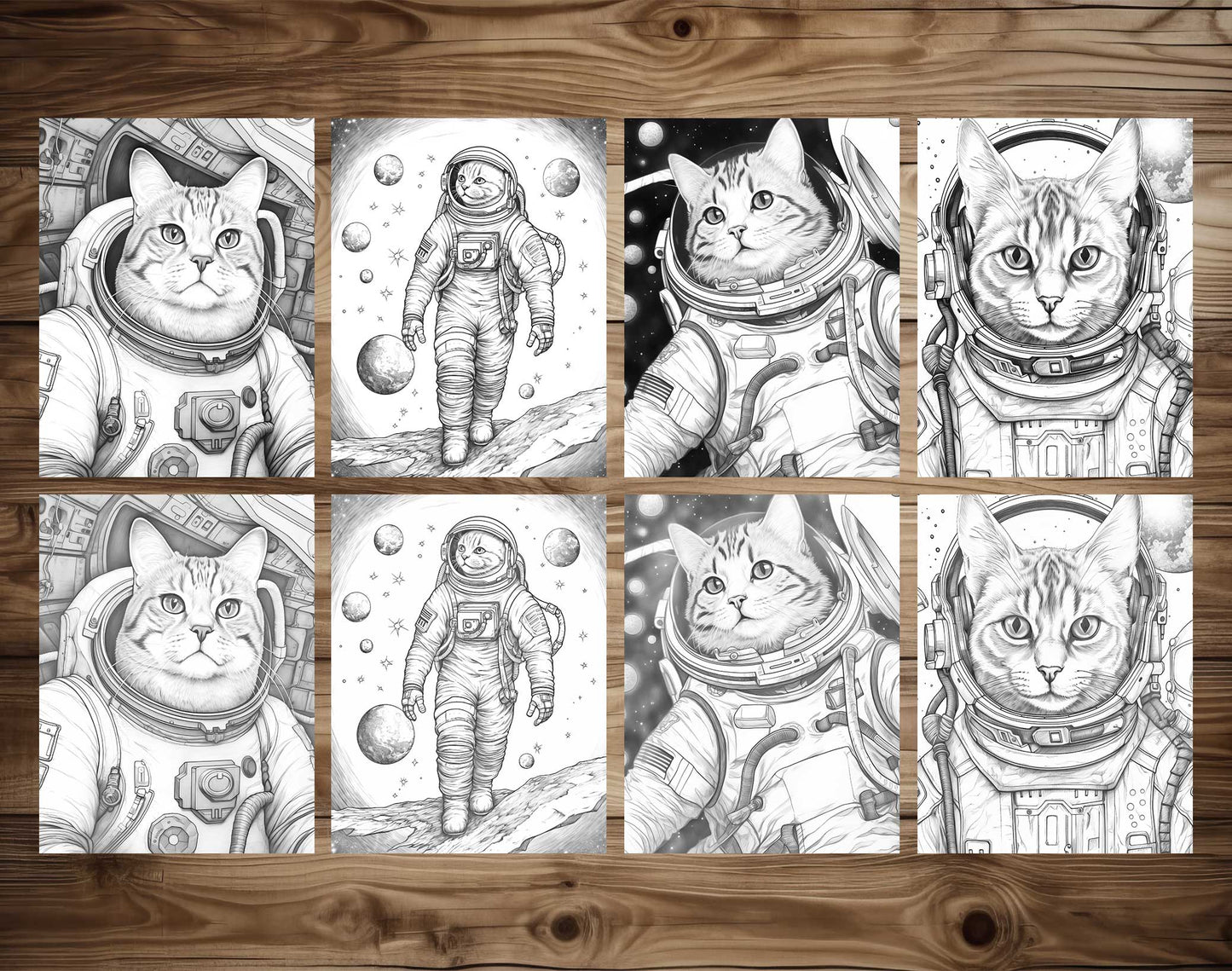 50 Cat In Space Grayscale Coloring Pages - Instant Download - Printable PDF Dark/Light – preview 5