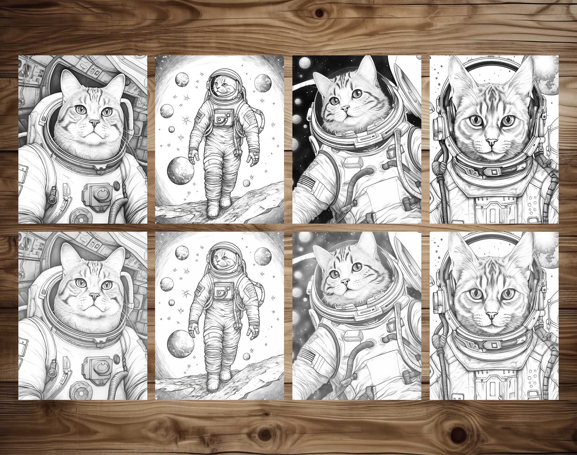 50 Cat In Space Grayscale Coloring Pages - Instant Download - Printable PDF Dark/Light – preview 5