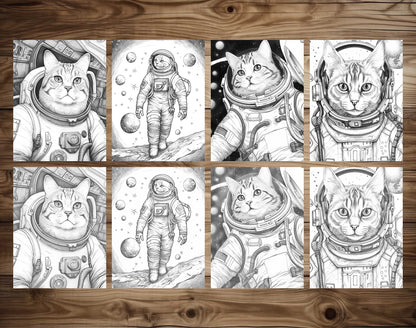 50 Cat In Space Grayscale Coloring Pages - Instant Download - Printable PDF Dark/Light – preview 5