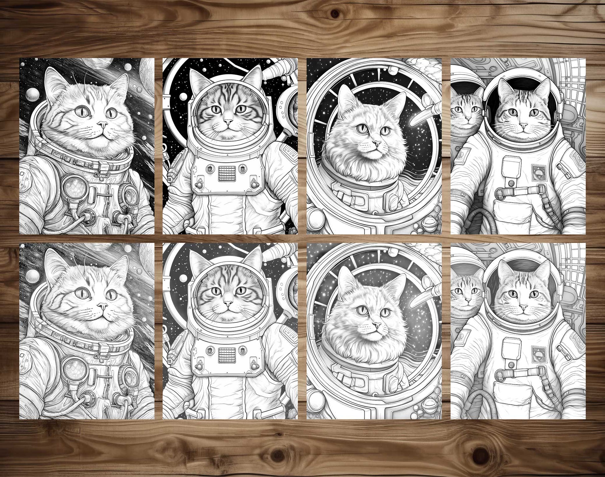 50 Cat In Space Grayscale Coloring Pages - Instant Download - Printable PDF Dark/Light – preview 6